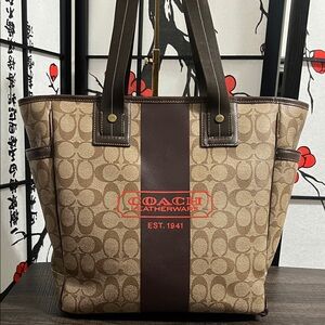 Coach Heritage Stripe Tote Bag with signature monogram pattern